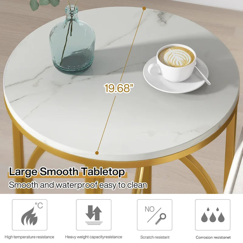 Table d'appoint ronde en bois, marbre blanc, 20 po, avec base en O dorée