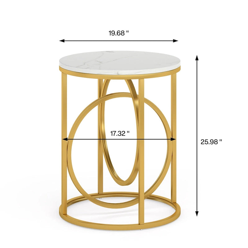 Table d'appoint ronde en bois, marbre blanc, 20 po, avec base en O dorée