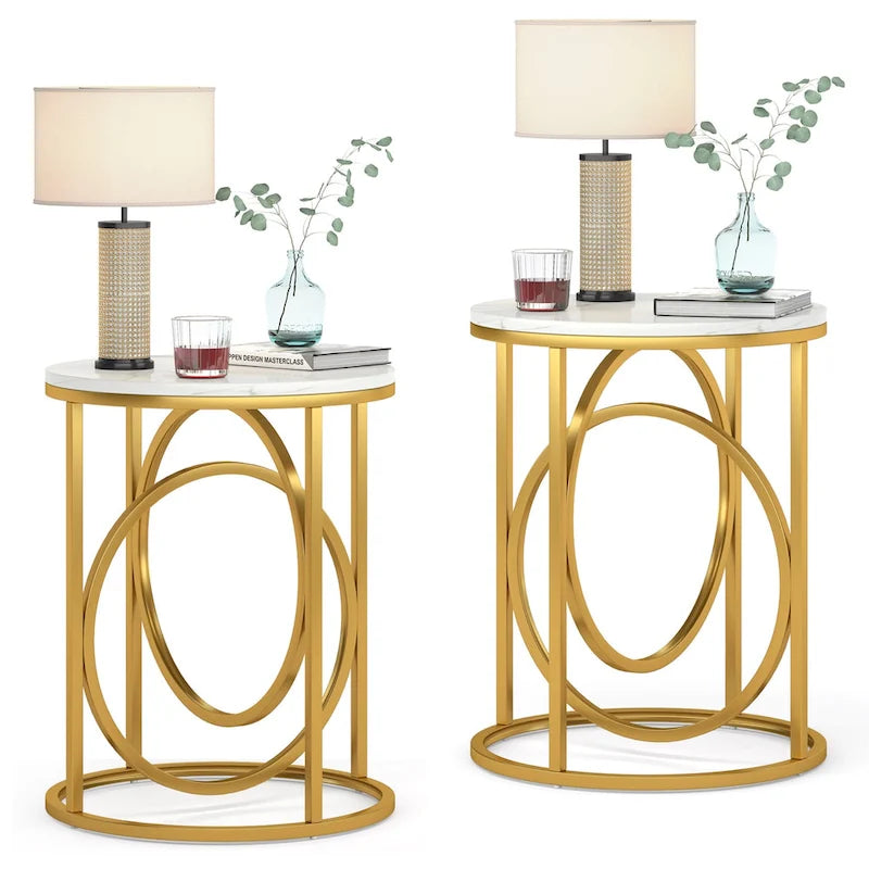 Table d'appoint ronde en bois, marbre blanc, 20 po, avec base en O dorée