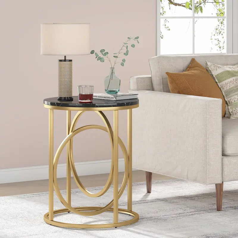 Table d'appoint ronde en bois, marbre blanc, 20 po, avec base en O dorée