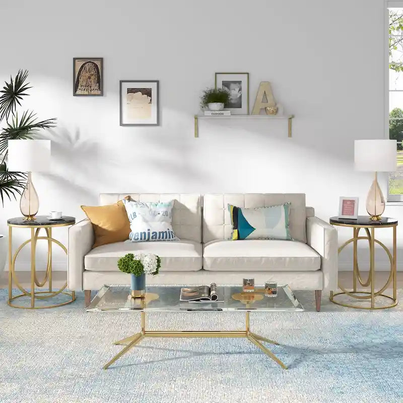 Table d'appoint ronde en bois, marbre blanc, 20 po, avec base en O dorée