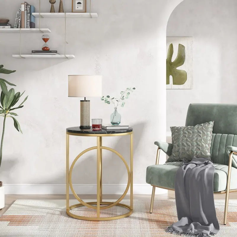Table d'appoint ronde en bois, marbre blanc, 20 po, avec base en O dorée