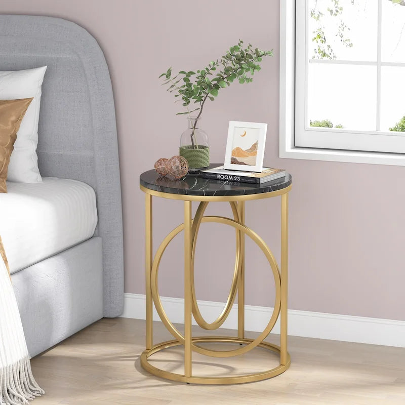 Table d'appoint ronde en bois, marbre blanc, 20 po, avec base en O dorée