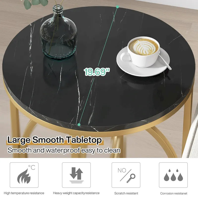 Table d'appoint ronde en bois, marbre blanc, 20 po, avec base en O dorée