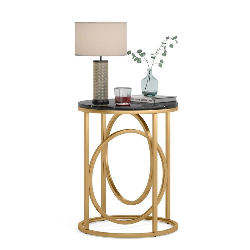 Table d'appoint ronde en bois, marbre blanc, 20 po, avec base en O dorée