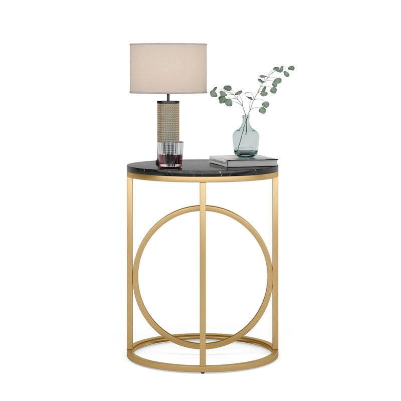 Table d'appoint ronde en bois, marbre blanc, 20 po, avec base en O dorée