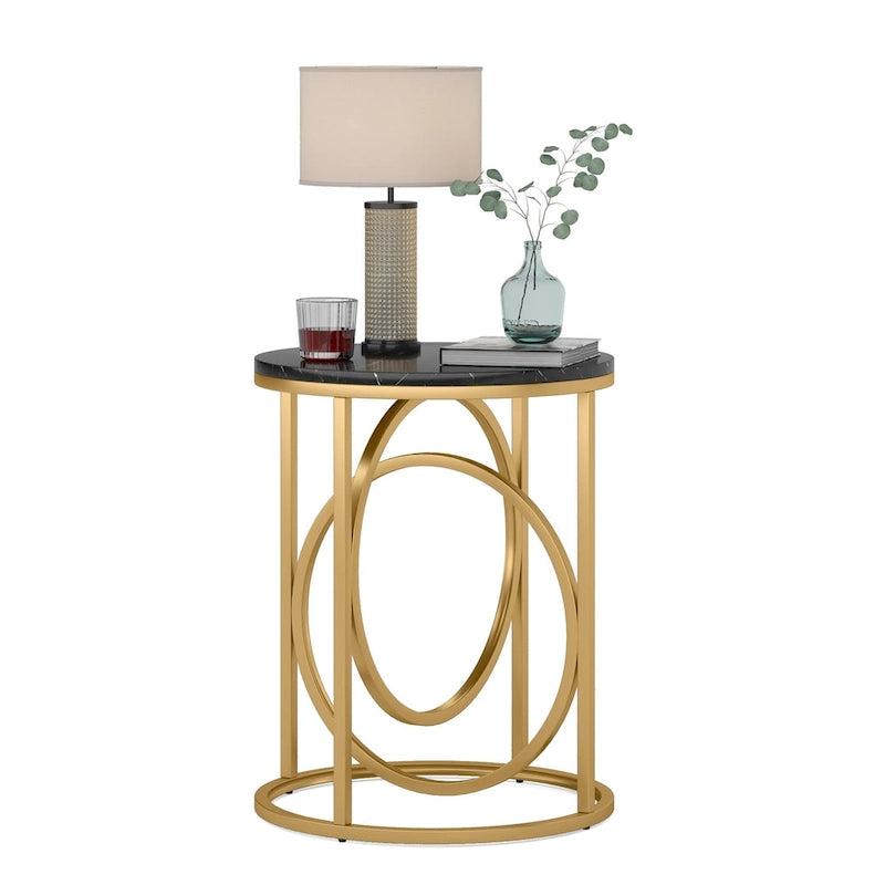 Table d'appoint ronde en bois, marbre blanc, 20 po, avec base en O dorée