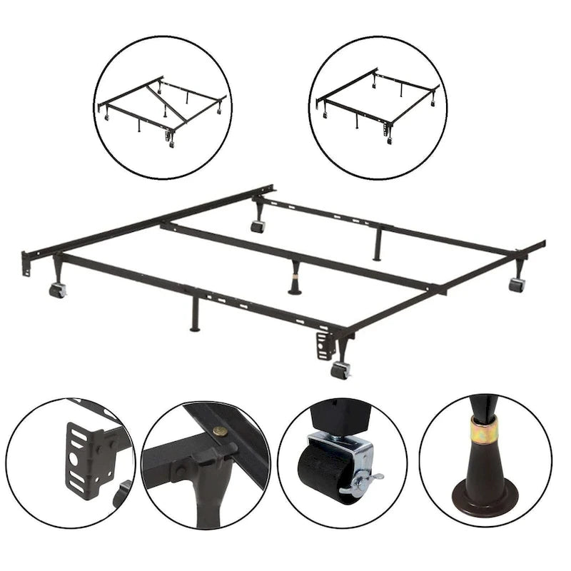 Cadre de lit Queen 7 pieds robuste avec support central et roulettes verrouillables