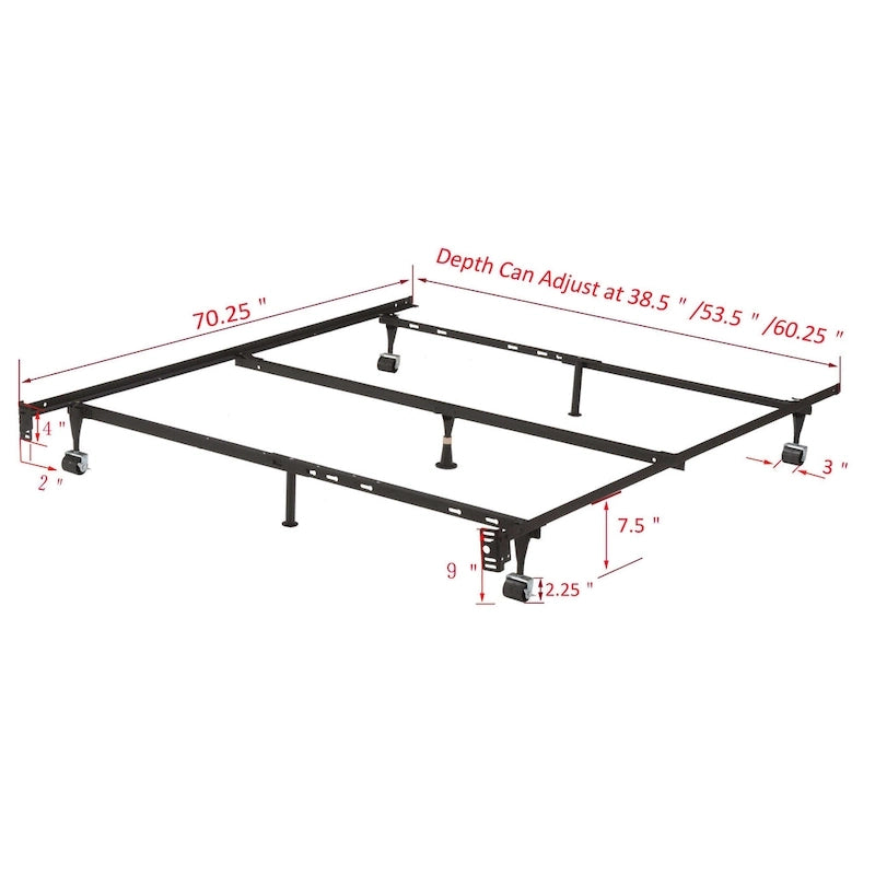 Cadre de lit Queen 7 pieds robuste avec support central et roulettes verrouillables
