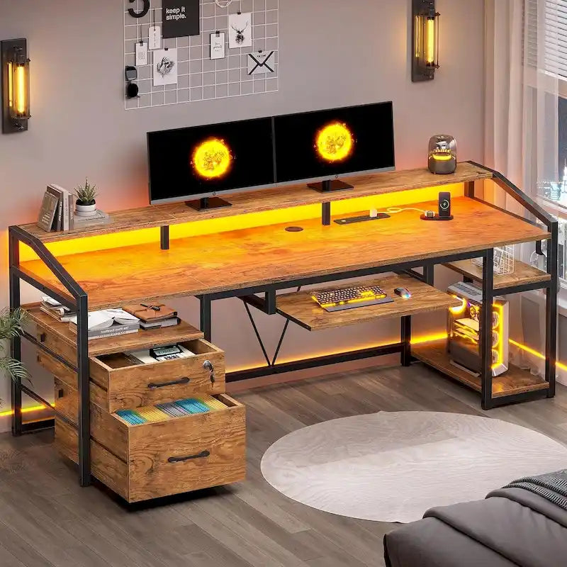 Bureau d'ordinateur LED avec tiroirs à serrure, plateau de clavier et prise de courant