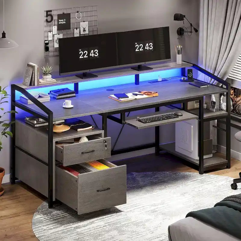 Bureau d'ordinateur LED avec tiroirs à serrure, plateau de clavier et prise de courant