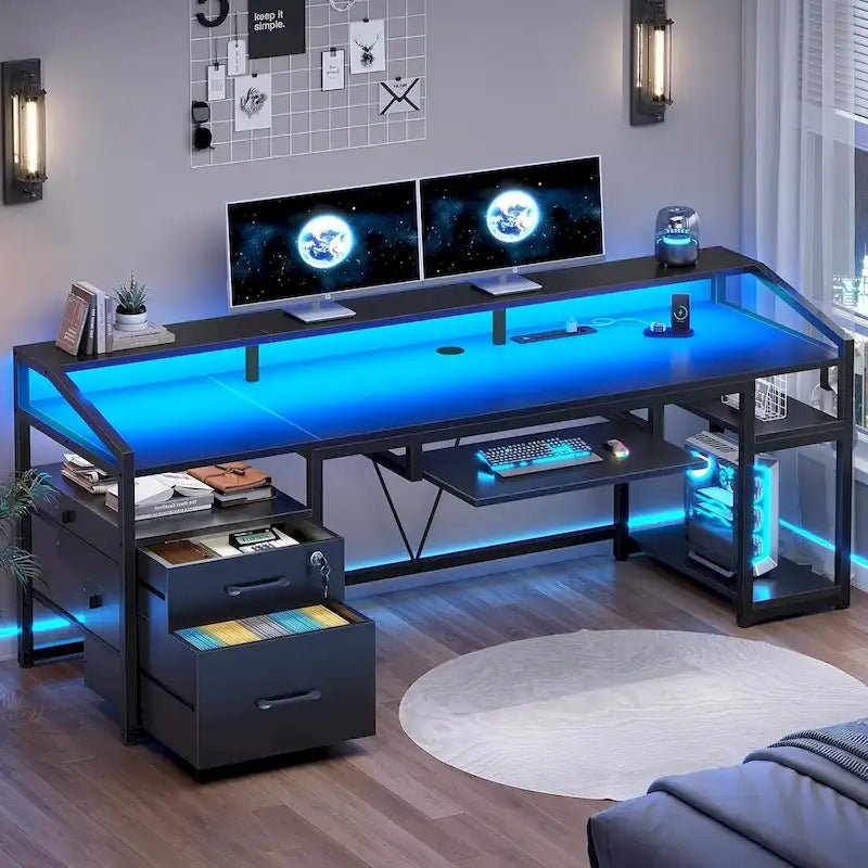 Bureau d'ordinateur LED avec tiroirs à serrure, plateau de clavier et prise de courant