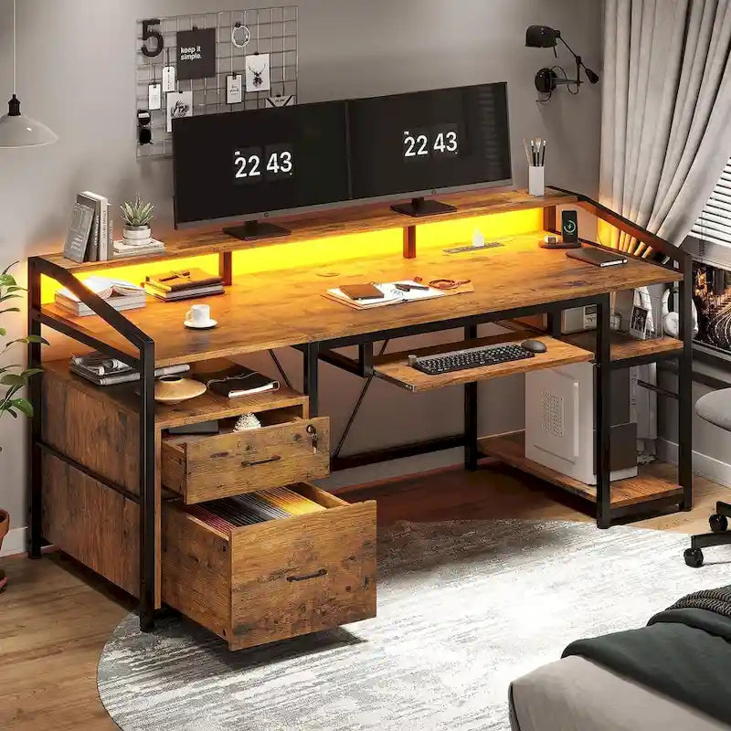 LED Computer Desk With Lock Drawers Keyboard Tray Power Outlet