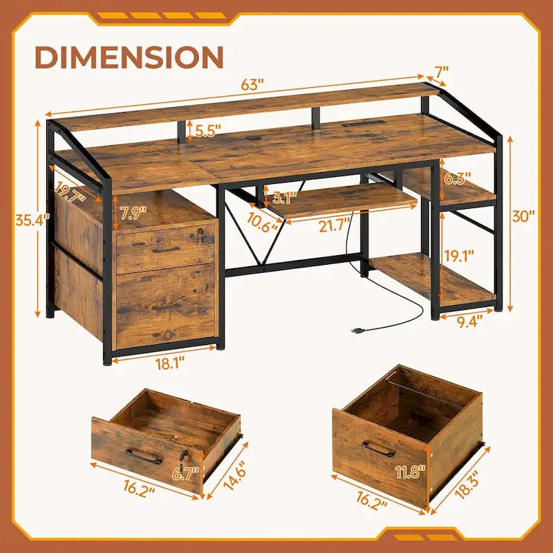 Bureau d'ordinateur LED avec tiroirs à serrure, plateau de clavier et prise de courant
