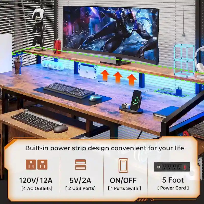 Bureau d'ordinateur LED avec tiroirs à serrure, plateau de clavier et prise de courant