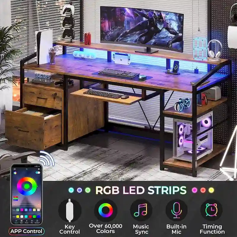 Bureau d'ordinateur LED avec tiroirs à serrure, plateau de clavier et prise de courant