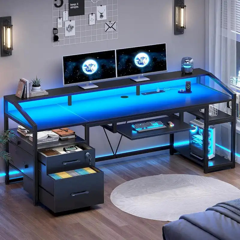 Bureau d'ordinateur LED avec tiroirs à serrure, plateau de clavier et prise de courant