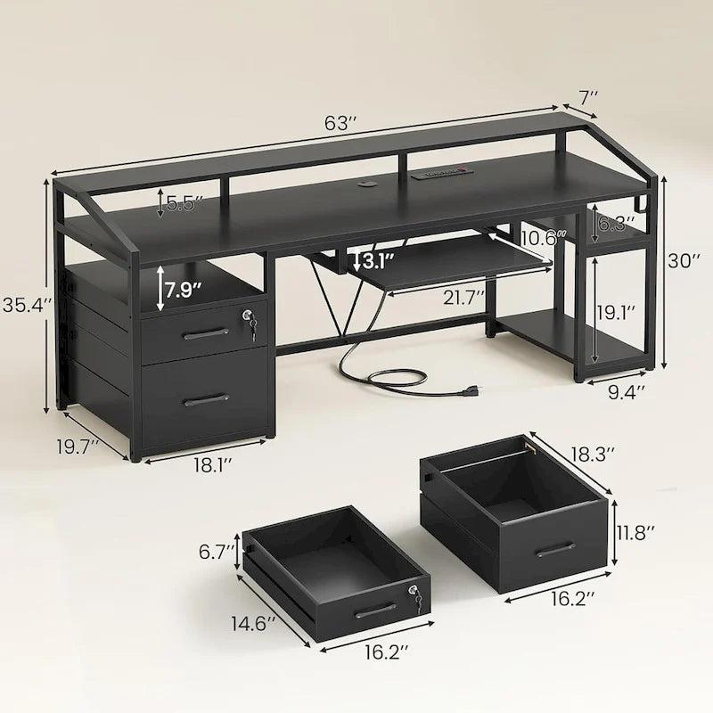 Bureau d'ordinateur LED avec tiroirs à serrure, plateau de clavier et prise de courant