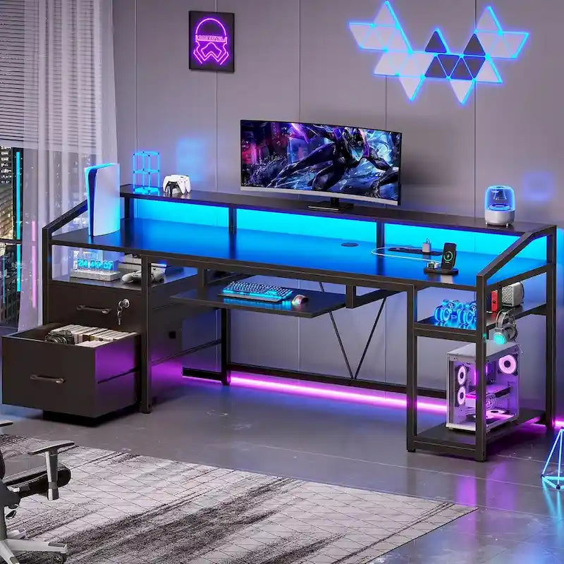Bureau d'ordinateur LED avec tiroirs à serrure, plateau de clavier et prise de courant