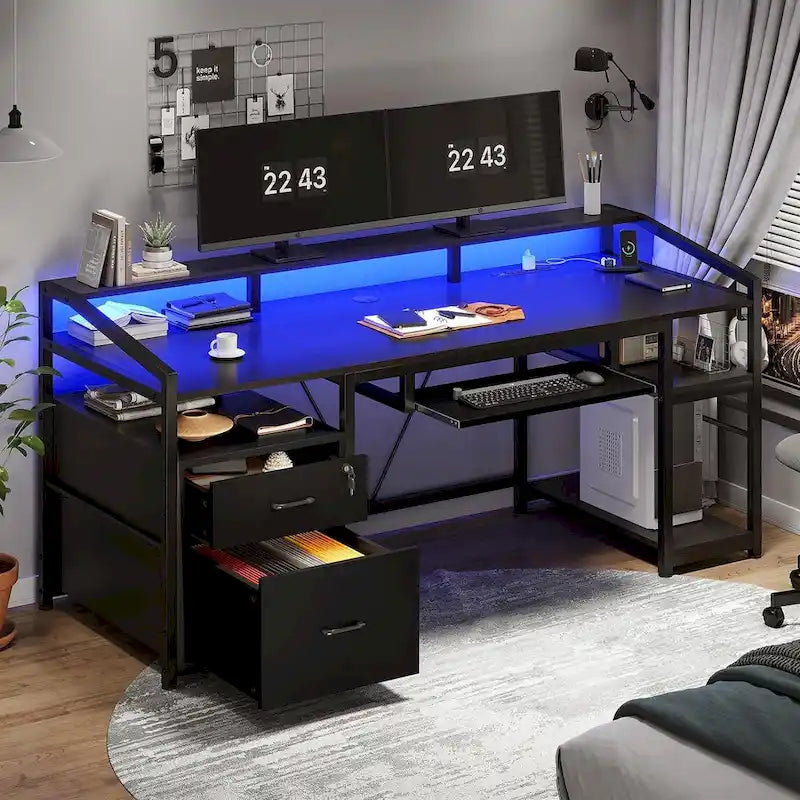Bureau d'ordinateur LED avec tiroirs à serrure, plateau de clavier et prise de courant