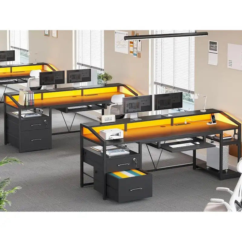 Bureau d'ordinateur LED avec tiroirs à serrure, plateau de clavier et prise de courant