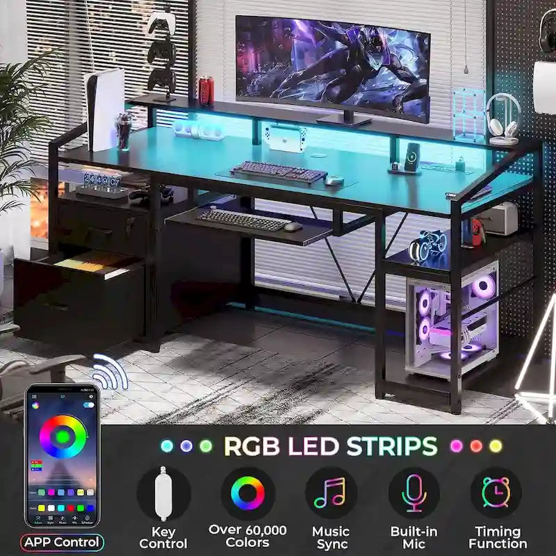 Bureau d'ordinateur LED avec tiroirs à serrure, plateau de clavier et prise de courant