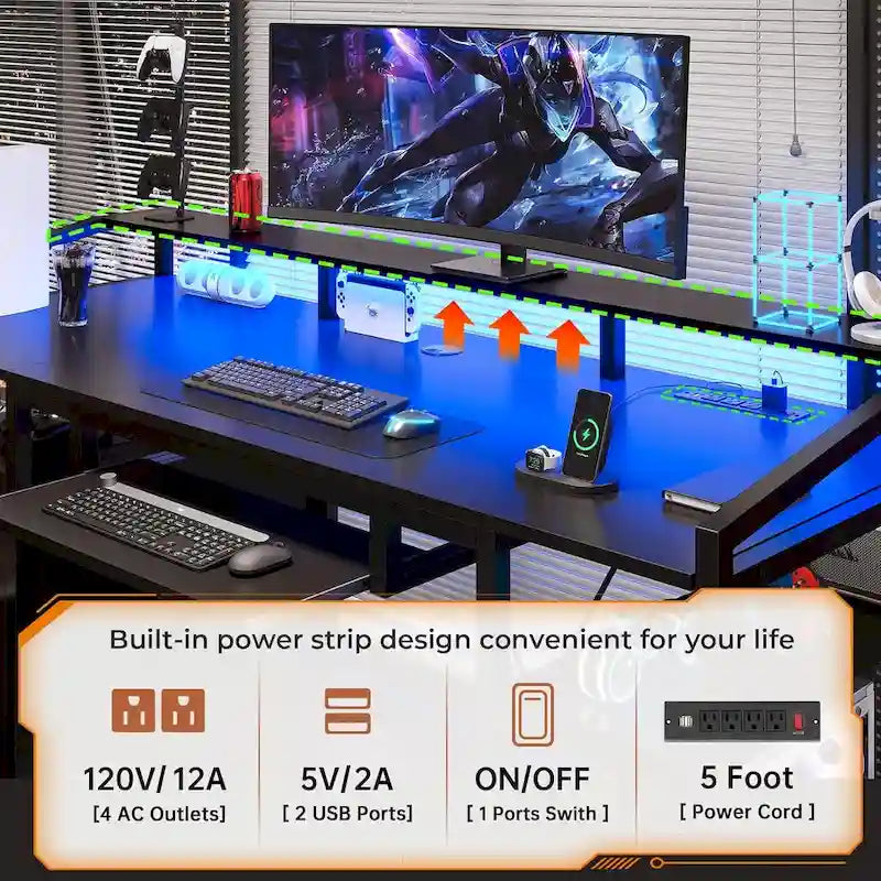 Bureau d'ordinateur LED avec tiroirs à serrure, plateau de clavier et prise de courant