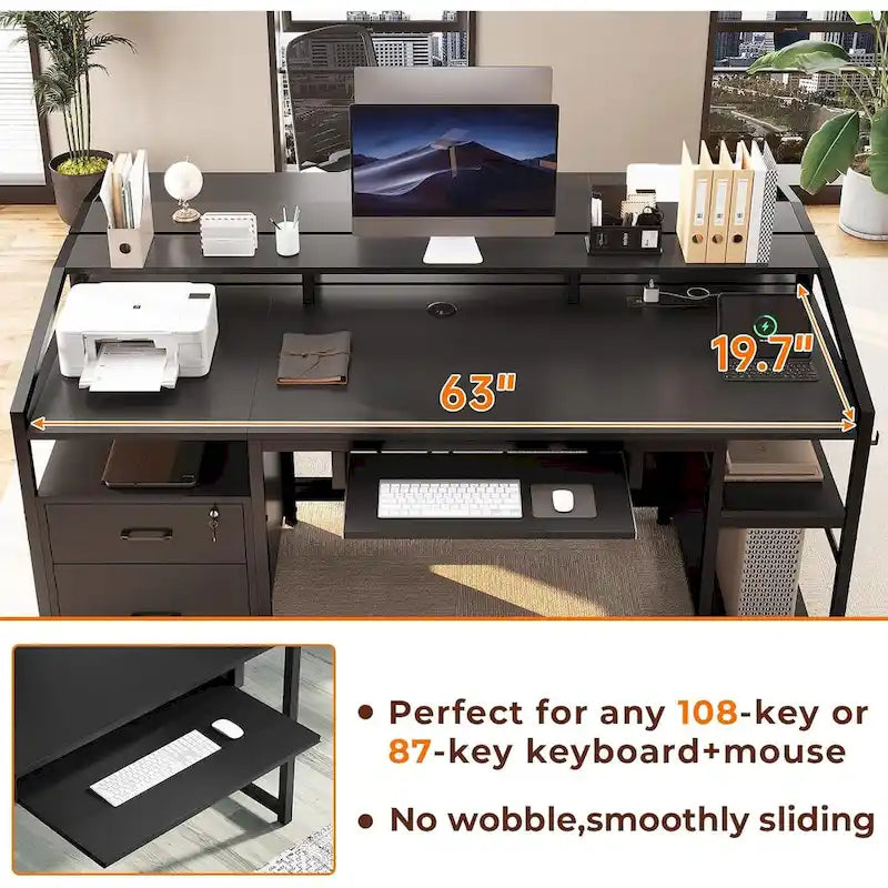 Bureau d'ordinateur LED avec tiroirs à serrure, plateau de clavier et prise de courant