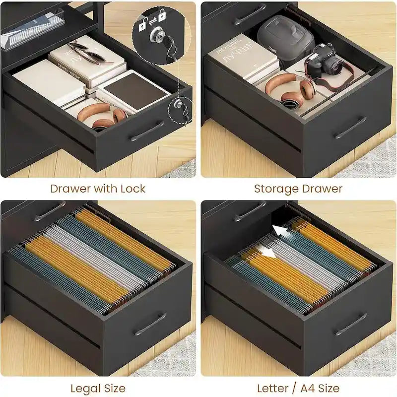 Bureau d'ordinateur LED avec tiroirs à serrure, plateau de clavier et prise de courant
