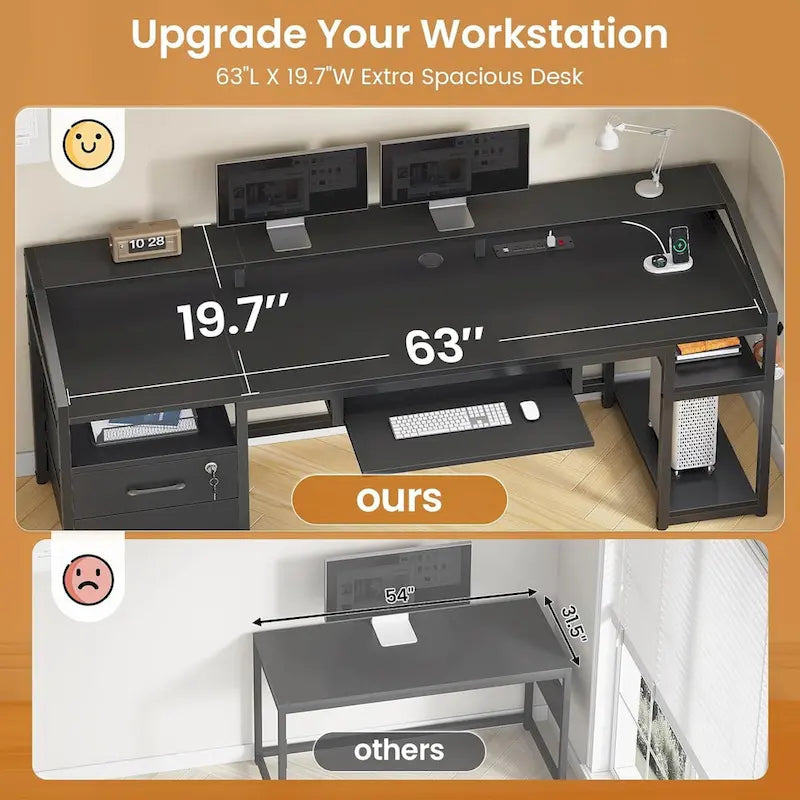 Bureau d'ordinateur LED avec tiroirs à serrure, plateau de clavier et prise de courant