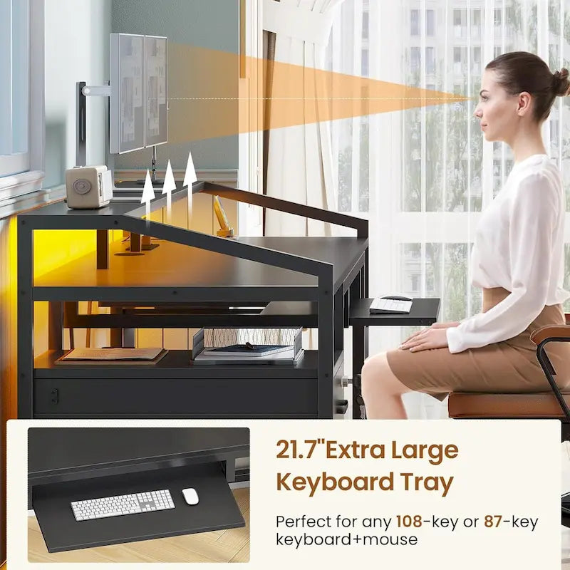 Bureau d'ordinateur LED avec tiroirs à serrure, plateau de clavier et prise de courant
