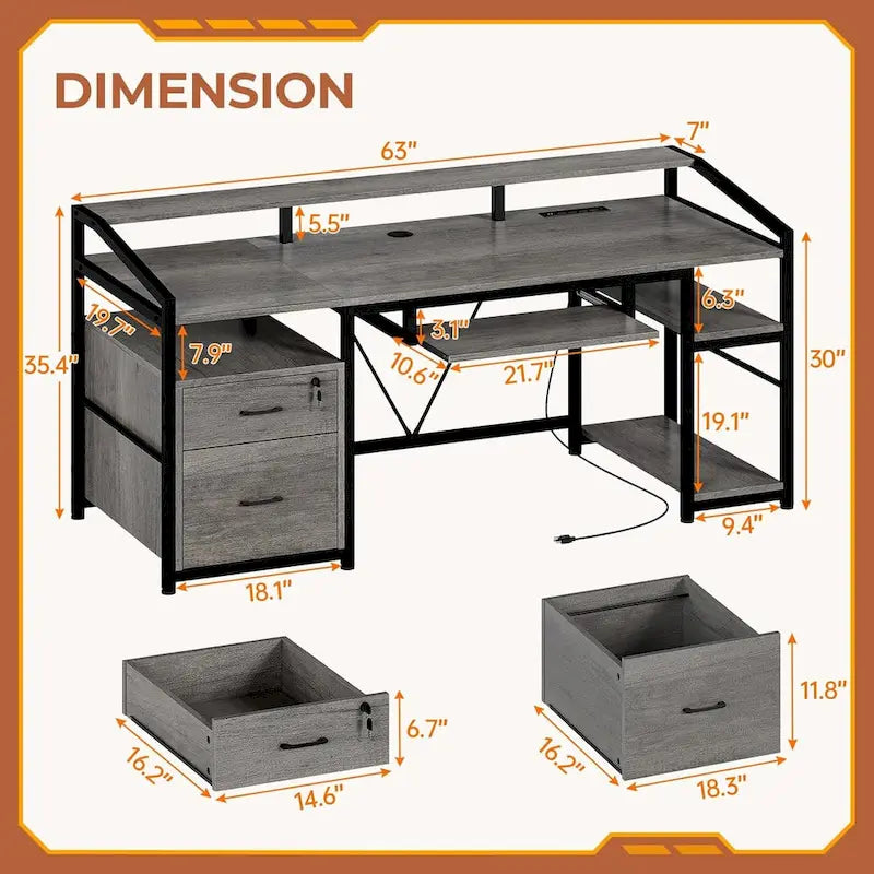 Bureau d'ordinateur LED avec tiroirs à serrure, plateau de clavier et prise de courant