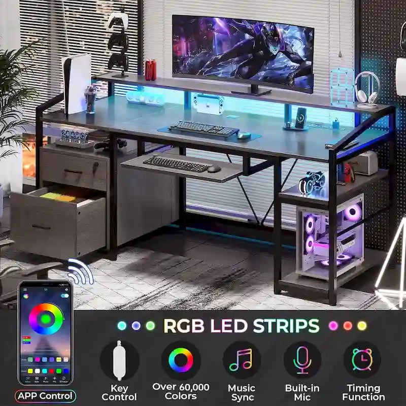 Bureau d'ordinateur LED avec tiroirs à serrure, plateau de clavier et prise de courant