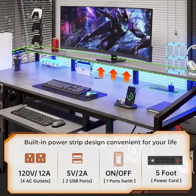 Bureau d'ordinateur LED avec tiroirs à serrure, plateau de clavier et prise de courant