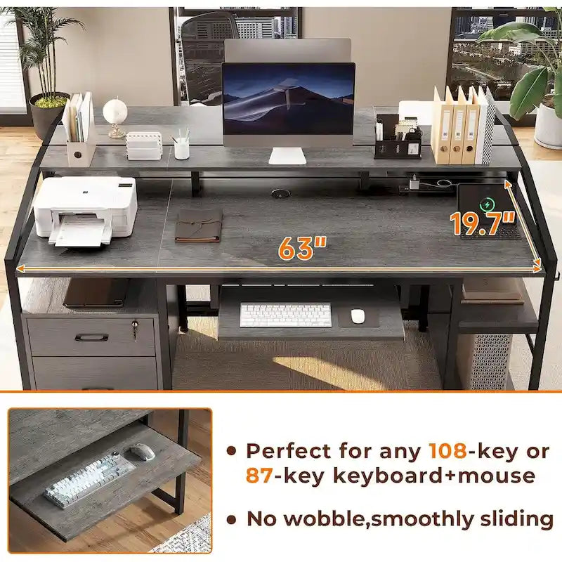 Bureau d'ordinateur LED avec tiroirs à serrure, plateau de clavier et prise de courant