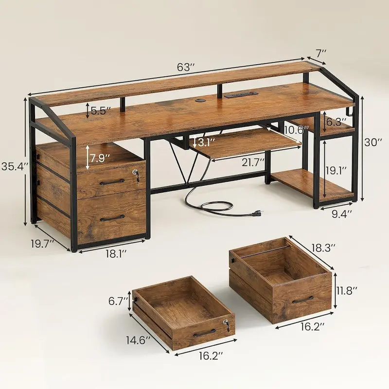 Bureau d'ordinateur LED avec tiroirs à serrure, plateau de clavier et prise de courant