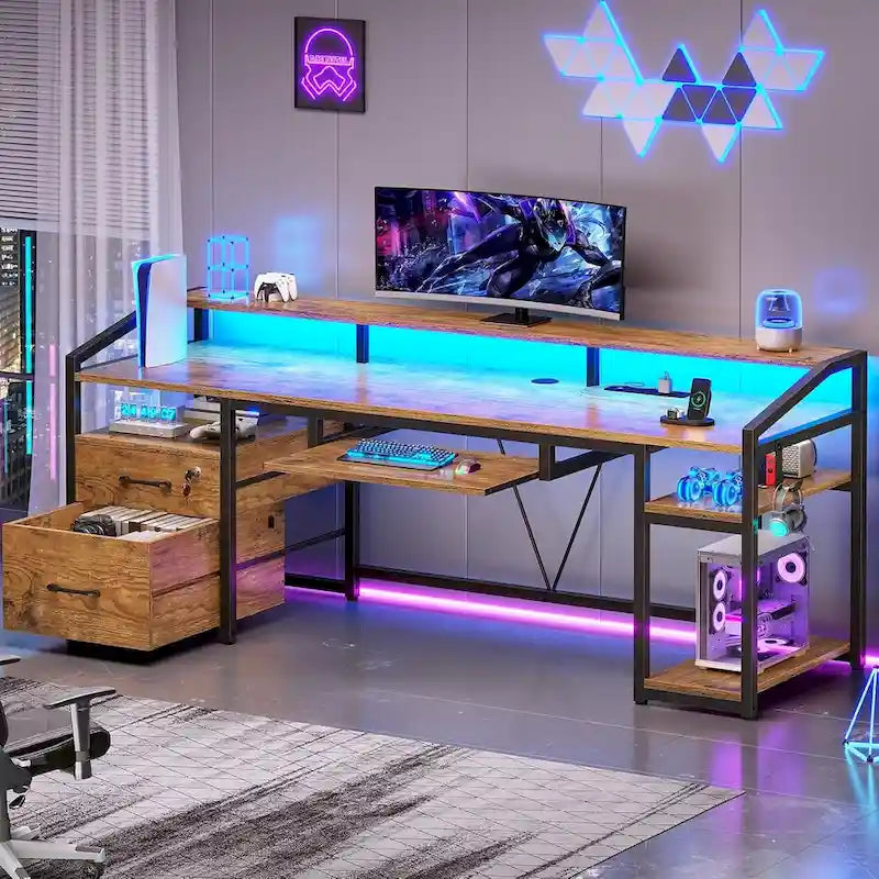 Bureau d'ordinateur LED avec tiroirs à serrure, plateau de clavier et prise de courant