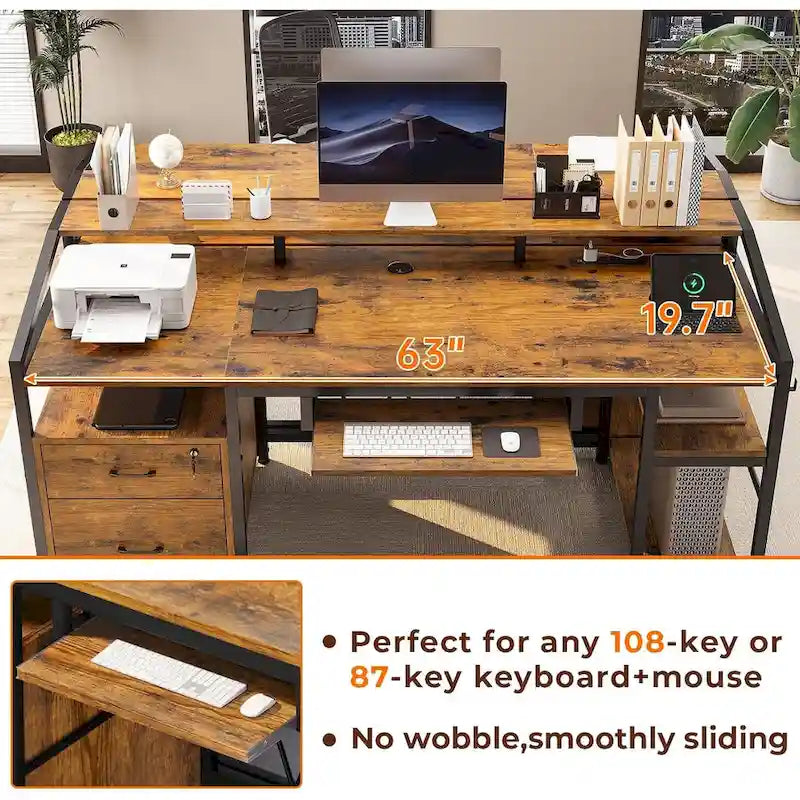 Bureau d'ordinateur LED avec tiroirs à serrure, plateau de clavier et prise de courant
