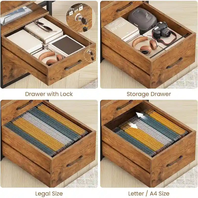 Bureau d'ordinateur LED avec tiroirs à serrure, plateau de clavier et prise de courant