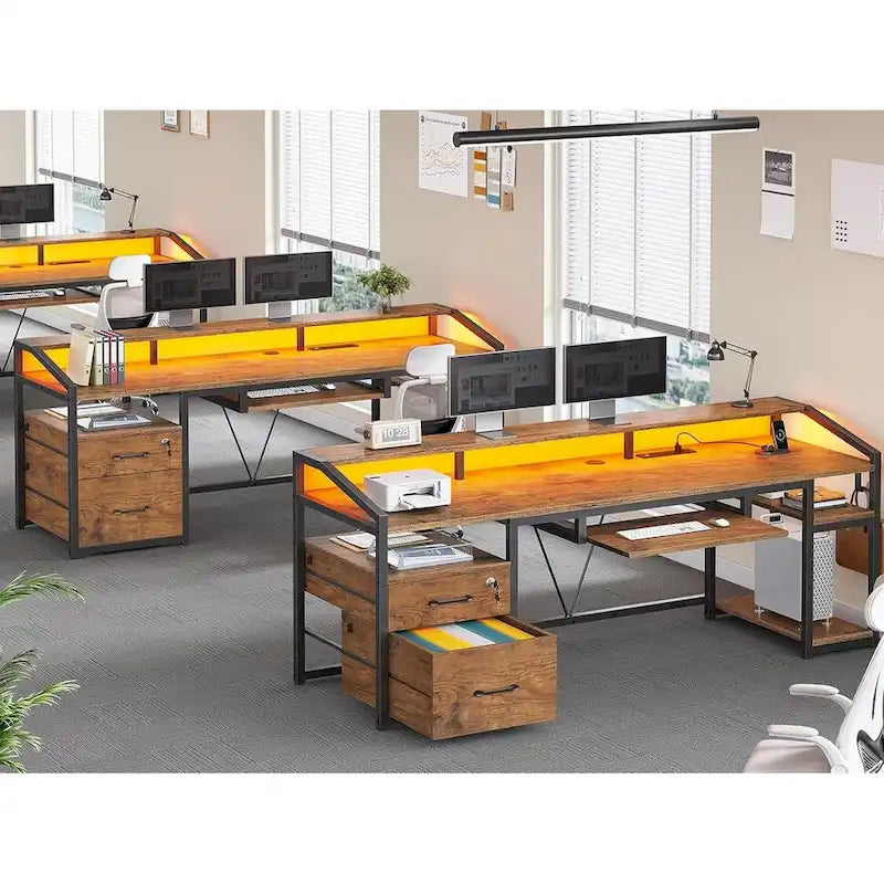 Bureau d'ordinateur LED avec tiroirs à serrure, plateau de clavier et prise de courant