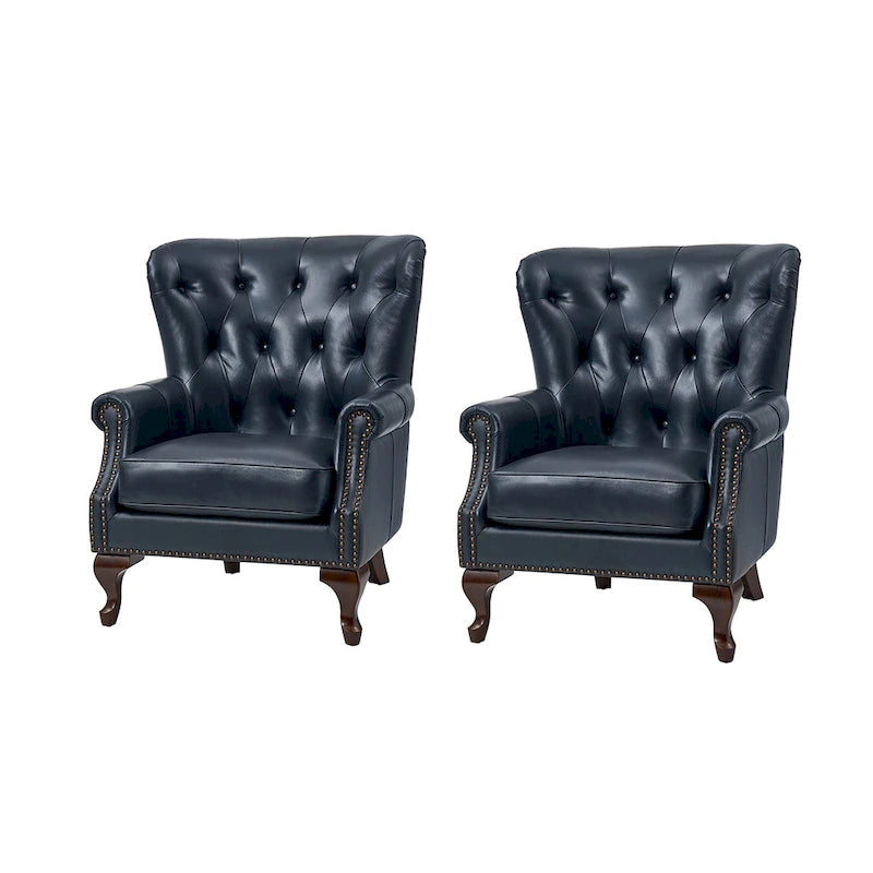Fauteuil en cuir véritable avec clous décoratifs et coussin amovible, lot de 2