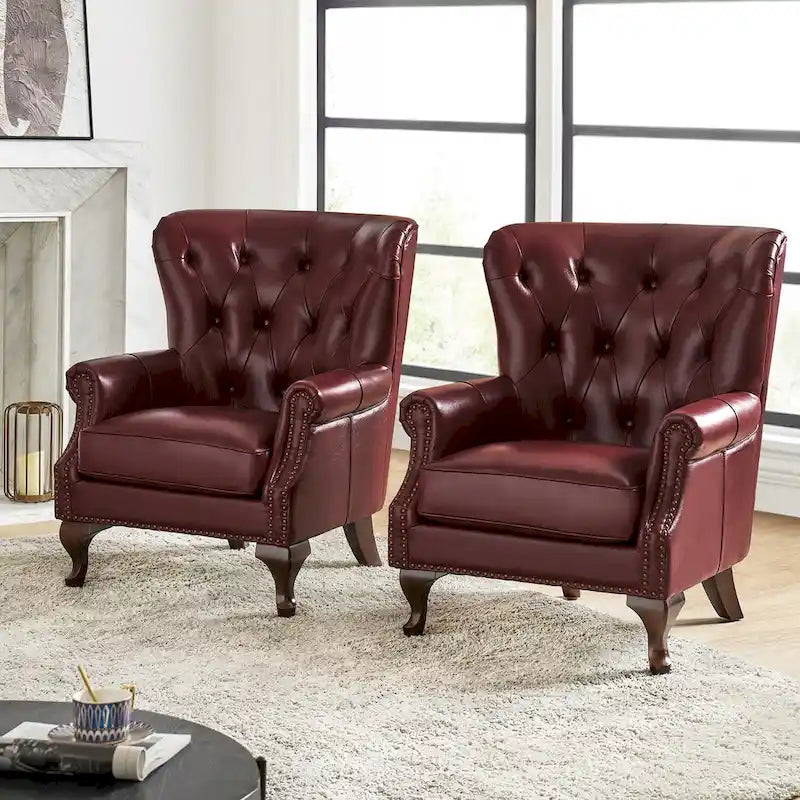 Fauteuil en cuir véritable avec clous décoratifs et coussin amovible, lot de 2