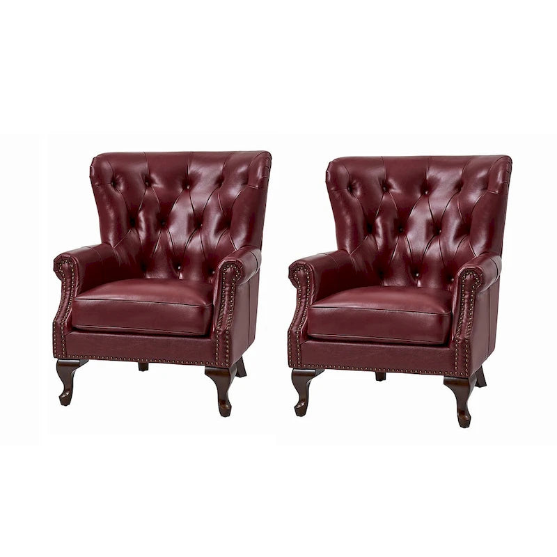 Fauteuil en cuir véritable avec clous décoratifs et coussin amovible, lot de 2
