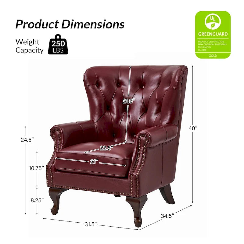 Fauteuil en cuir véritable avec clous décoratifs et coussin amovible, lot de 2