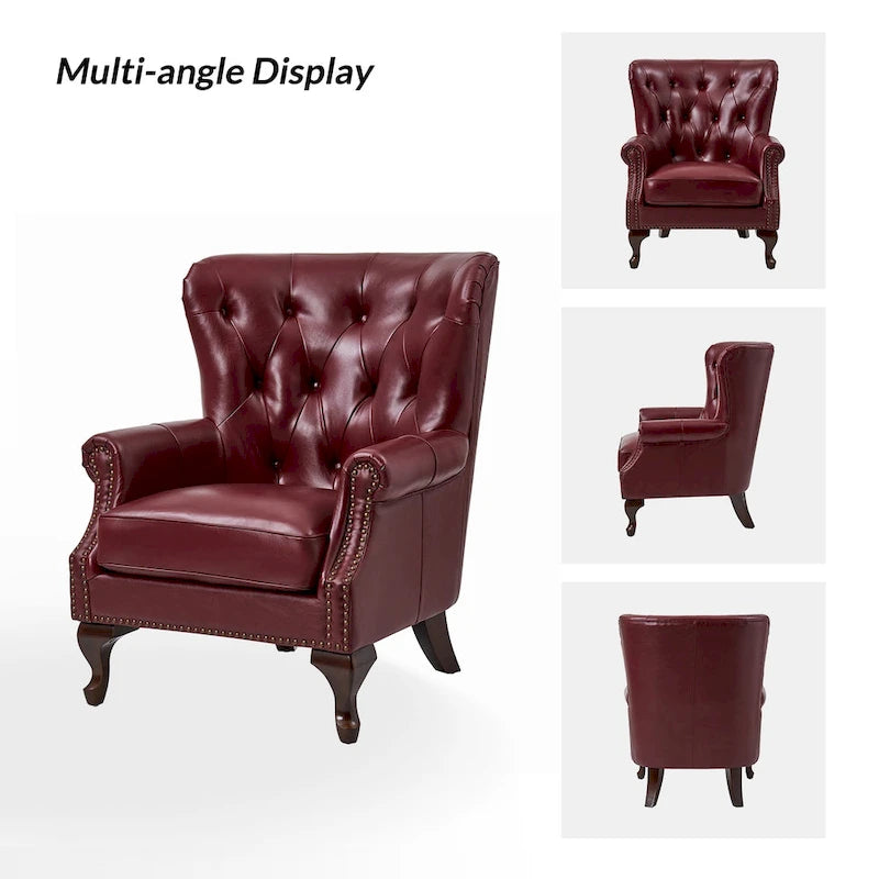 Fauteuil en cuir véritable avec clous décoratifs et coussin amovible, lot de 2