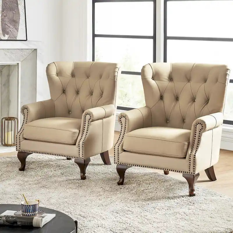 Fauteuil en cuir véritable avec clous décoratifs et coussin amovible, lot de 2