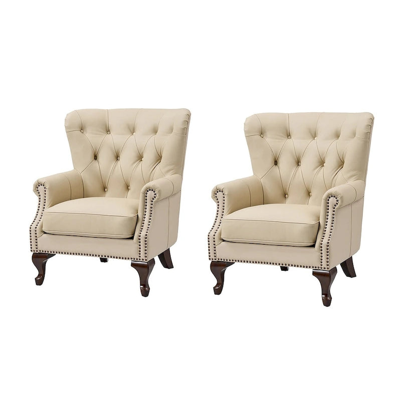 Fauteuil en cuir véritable avec clous décoratifs et coussin amovible, lot de 2