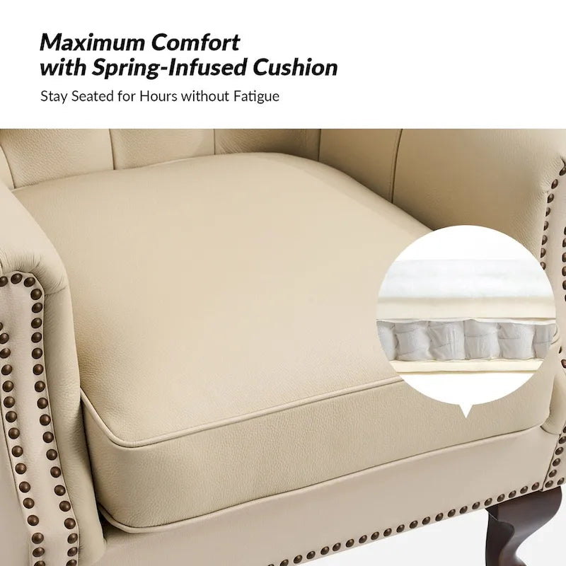 Fauteuil en cuir véritable avec clous décoratifs et coussin amovible, lot de 2