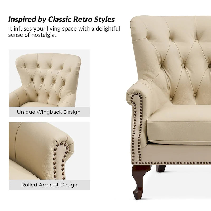 Fauteuil en cuir véritable avec clous décoratifs et coussin amovible, lot de 2