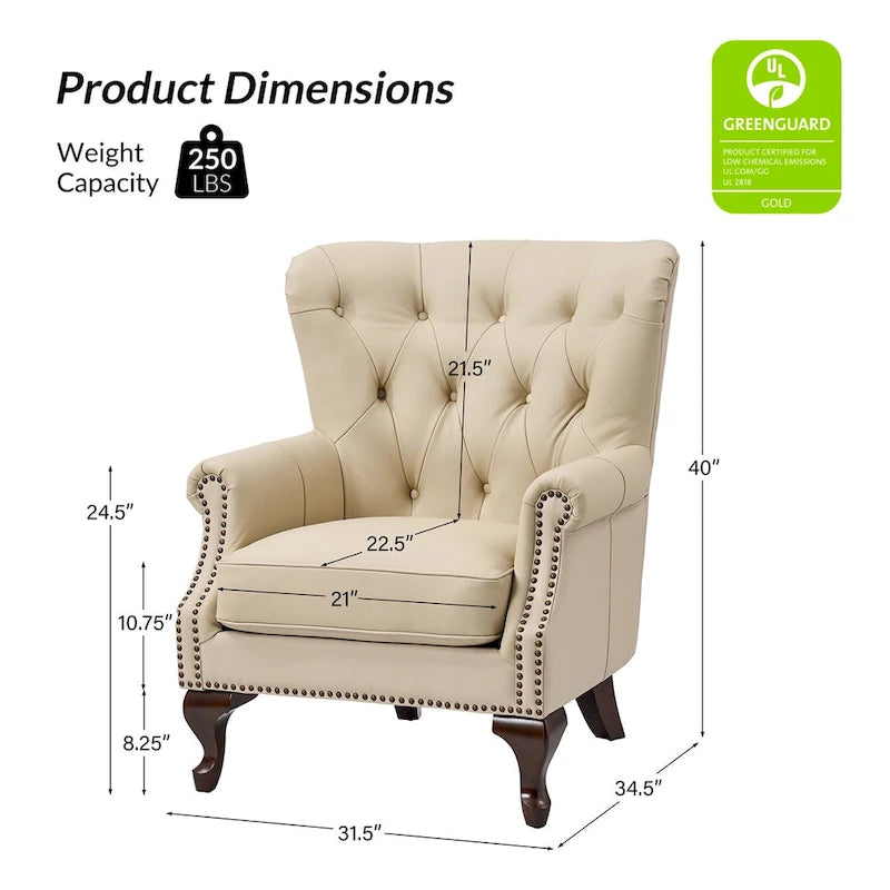 Fauteuil en cuir véritable avec clous décoratifs et coussin amovible, lot de 2